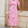 Women's Summer Floral Midi Dress Casual Ruffle Neck Puff Sleeve Button Down Shirt Dresses，No Stretch