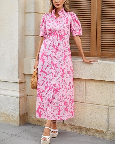 Women's Summer Floral Midi Dress Casual Ruffle Neck Puff Sleeve Button Down Shirt Dresses，No Stretch