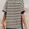 Womens Crochet Swimsuit Coverup Summer Beach Sets Striped Knit Short Sleeve Button Shirts 2 Piece Short Set
