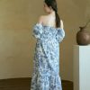 Women Linen Cotton Dress, Floral Pattern Yuki Gown, Women Casual Dress, Off Shoulder Frock