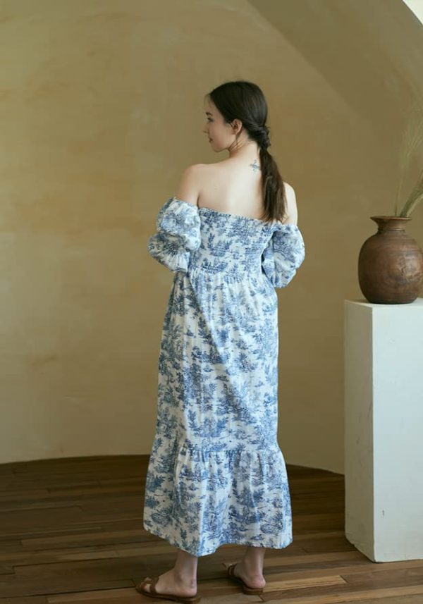 Women Linen Cotton Dress, Floral Pattern Yuki Gown, Women Casual Dress, Off Shoulder Frock