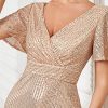 Women's Double V-Neck Flared Sleeves Memaid Sequin Floor Length Evening Dresses 01435