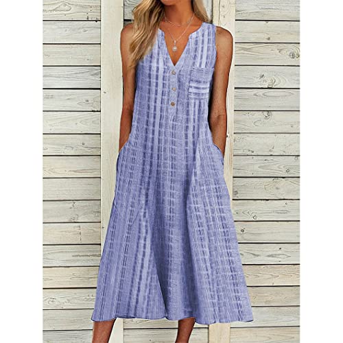 Women Casual Dress Summer Stripe Button V Neck Sleeveless with Pocket Long Dresses Holiday Beach Party Midi Dress