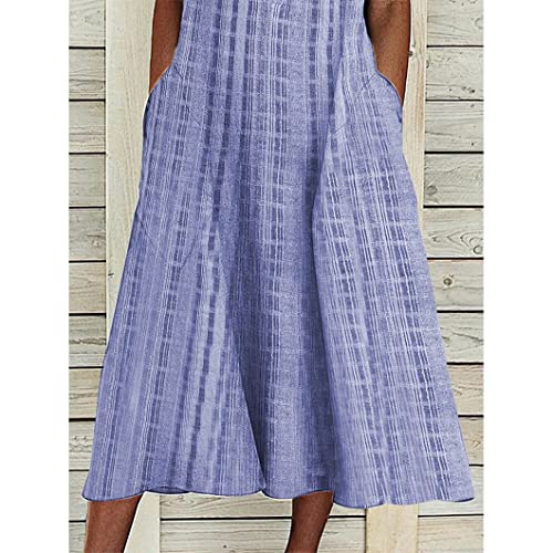 Women Casual Dress Summer Stripe Button V Neck Sleeveless with Pocket Long Dresses Holiday Beach Party Midi Dress