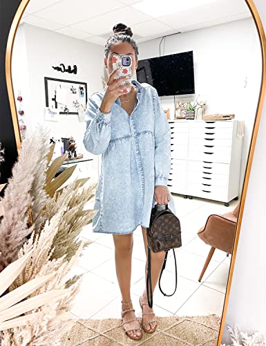 Long Sleeve Denim Dress for Women Jean Dress Button Down Casual Babydoll Denim Shirt Dress