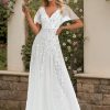 Women's Sequin Sparkly V-Neck Short Sleeve A-Line Floor Length Evening Dress 00734