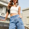 Bermuda Cargo Denim Shorts for Women Knee Length 6 Pockets Elastic Waist Long Jorts for Summer Casual