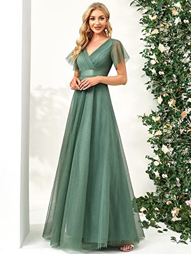 Women's Mother of Bride Dress Double V-Neck Empire Waist Front Wrap Tulle Bridesmaid Dress 07962