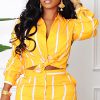 Women's Casual Two Piece Outfits Striped Long Sleeve Collar Button Down Shirt Blouse High Waist Wide Leg Pants Sets