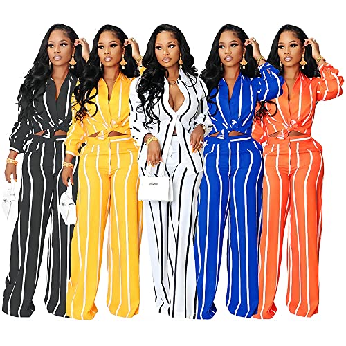 Women's Casual Two Piece Outfits Striped Long Sleeve Collar Button Down Shirt Blouse High Waist Wide Leg Pants Sets