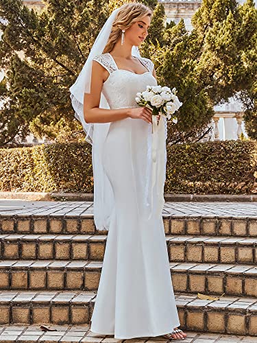 Women's Elegant Lace Cap Sleeve V Neck Beading Mermaid Wedding Dresses for Bride 00218